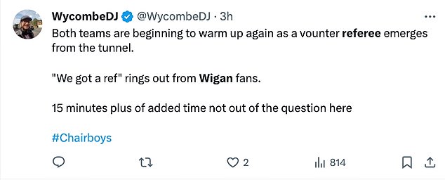 Ein Fan berichtete über den Vorfall in den sozialen Medien und erklärte, dass Wigan-Fans „Wir haben einen Schiedsrichter“ gerufen hätten, nachdem der Fan eingegriffen hatte
