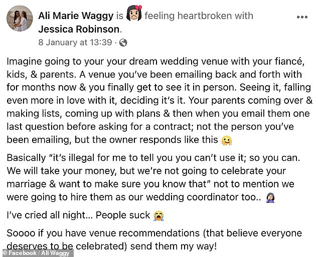 Ali Waggys Beitrag sammelte fast 800 Kommentare von unterstützenden Facebook-Nutzern.  Das Paar hat nun eine neue Hochzeitslocation gefunden