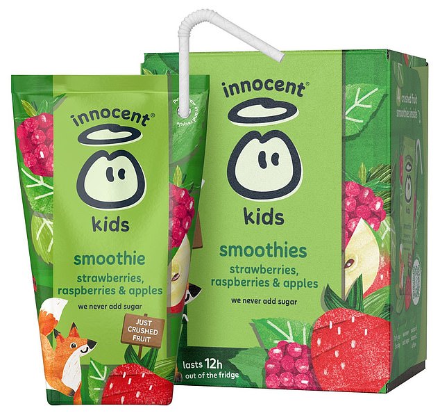 Despite smoothies such as Innocent Kids Strawberries, Raspberries & Apples (pictured) containing a little extra fibre than fruit juices, they still contain far too much sugar