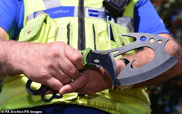 The ban, coming into force from September, will make it illegal to possess, sell, manufacture or transport these zombie-style knives and machetes (pictured two examples of 'zombie knives')