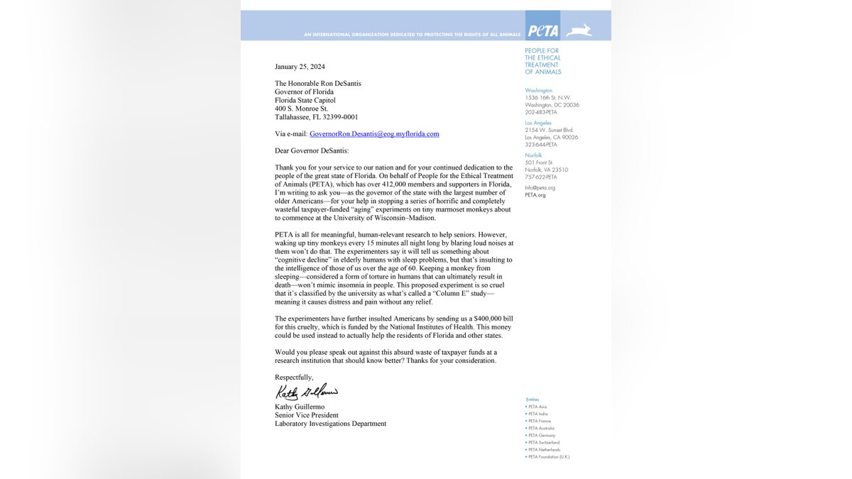 Brief an Gouverneur DeSantis von PETA