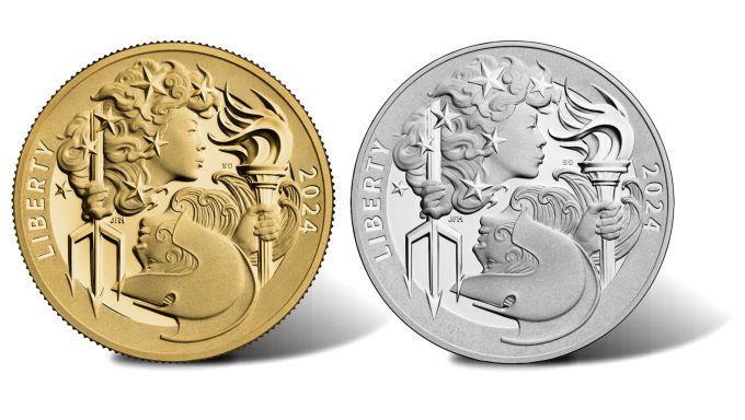 Vorderseiten der Liberty and Britannia-Goldmünze 2024 und der Liberty and Britannia-Silbermedaille 2024