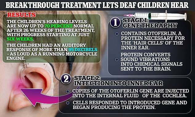 Wissenschaftler injizierten eine Version des Gens namens Otoferlin (OTOF) in das Innenohr und die Zellen begannen, das fehlende Protein zu produzieren.  Das Hörvermögen der Kinder ist nach 26-wöchiger Behandlung nun zu 70 Prozent normal, wobei bereits nach sechs Wochen Fortschritte zu verzeichnen sind