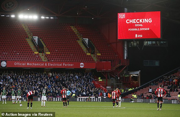 Soccer Football -  FA Cup - Fourth Round - Sheffield United v Brighton & Hove Albion - Bramall Lane, Sheffield, Britain - January 27, 2024 General view as a big screen displays a pending VAR goal decision after Sheffield United's Gustavo Hamer scored their first goal Action Images via Reuters/Craig Brough