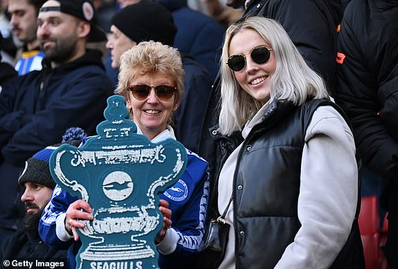 SHEFFIELD, ENGLAND - JANUARY 27: Brighton & Hove Albion fans pose for a photo with an Emirates FA Cup cutout prior to the Emirates FA Cup Fourth Round match between Sheffield United and Brighton & Hove Albion at Bramall Lane on January 27, 2024 in Sheffield, England. (Photo by Shaun Botterill/Getty Images)