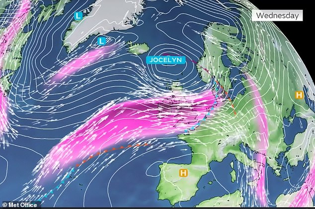 Ein Strom sich schnell bewegender Luft, der sogenannte Jetstream (rosafarben), strömt derzeit direkt über das Vereinigte Königreich