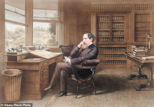 Charles Dickens in seinem Arbeitszimmer am Gad's Hill Place – demselben Haus, in dem er 1870 im Alter von 58 Jahren an einem Schlaganfall starb