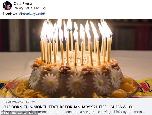 Chita - who boasts 22K social media followers - shared her final Facebook post January 9 to thank BroadwayWorld.com for giving her a birthday month shout out