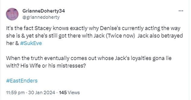 Fans, die zusahen, wandten sich an X, ehemals Twitter, um Stacey dafür zu rufen, dass sie mit Jack geschlafen hat, zumal sie weiß, warum Denise Probleme hat