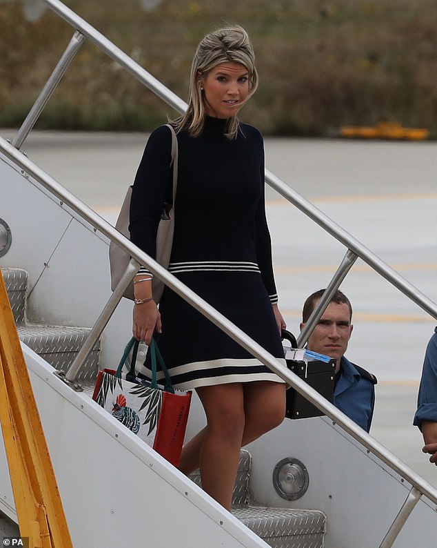 Mother-of-two Natasha Archer seen disembarking a plane as she arrived with the Prince and Princess of Wales for their 2016 Canada tour