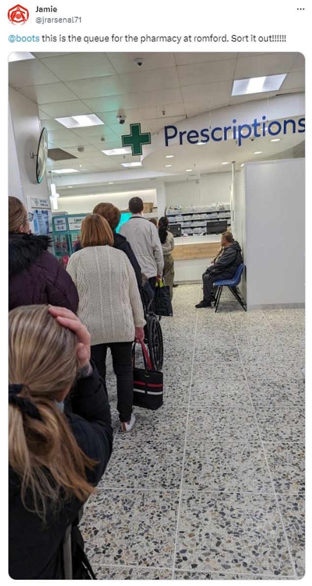 Members of the Pharmacists' Defence Association, which represents thousands of pharmacists in the UK, also revealed they are worried that 'the hurried launch' of the Pharmacy First scheme will result in a spike in violence and abuse from the public, whose expectations will have been raised. Pictured, a social media user shared a picture of a queue at Boots in November