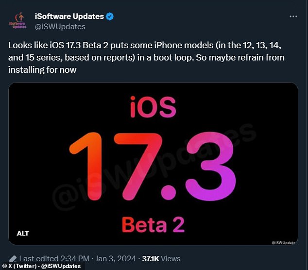 Der Technologieriese Apple hat sein fehlerhaftes neues Betriebssystem-Update iOS 17.3 Beta 2 entfernt, nachdem Berichten zufolge die Software einige iPhones einfriert