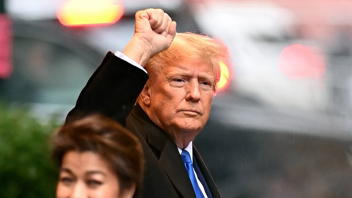 Donald Trump pumpt mit der Faust vor die Kamera in New York City