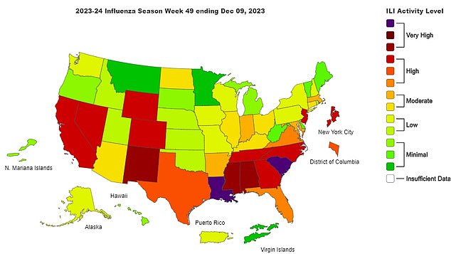 9. DEZEMBER: Die obige Karte zeigt die Häufigkeit grippeähnlicher Erkrankungen nach Bundesstaat für die Woche bis zum 9. Dezember