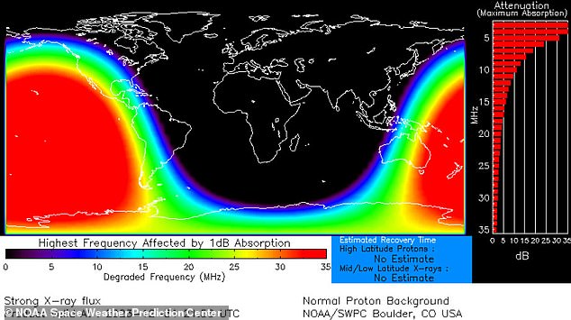 Die Daten zeigen, dass eine Störung der Funkfrequenz über dem Pazifischen Ozean auftreten würde (in Rot dargestellt).