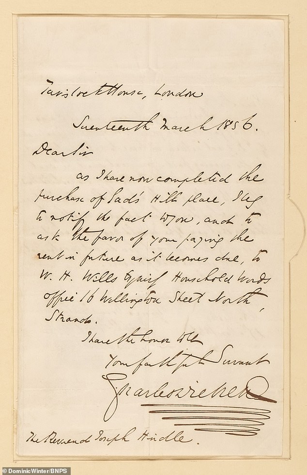 Dickens' Brief vom 17. März 1856, in dem er die Zahlung der Miete nach dem Kauf von Gad's Hill Place arrangiert