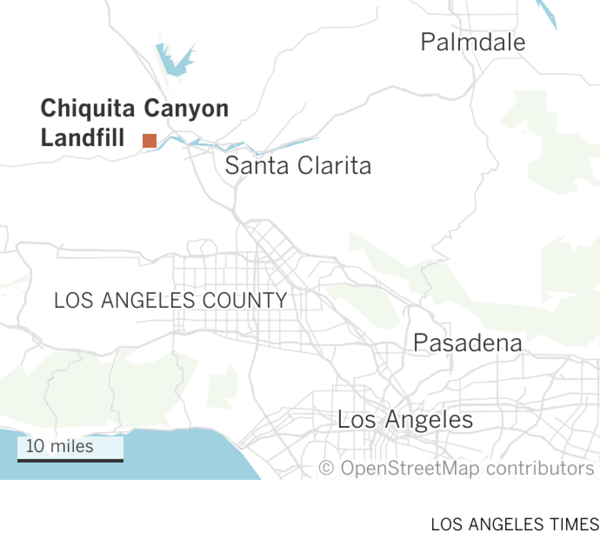 Die Karte zeigt den Standort der Chiquita-Canyon-Deponie in der Nähe von Castaic