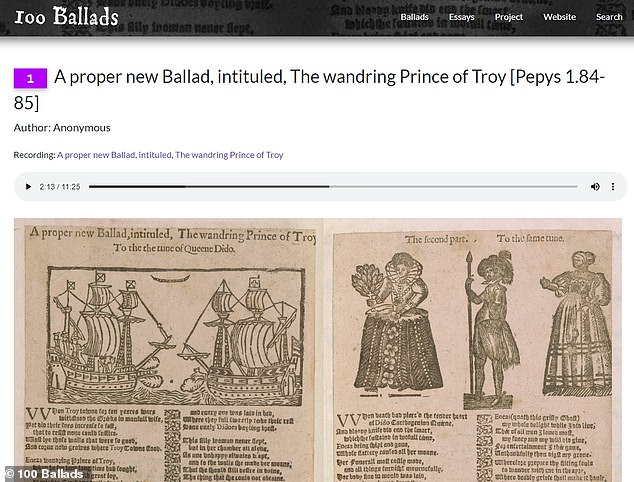 Nummer eins auf der Liste und daher „Top of the 17th Century Pops“ ist „The Wandering Prince of Troy“, eine Ballade, die erstmals in den 1560er Jahren zum Drucken zugelassen wurde