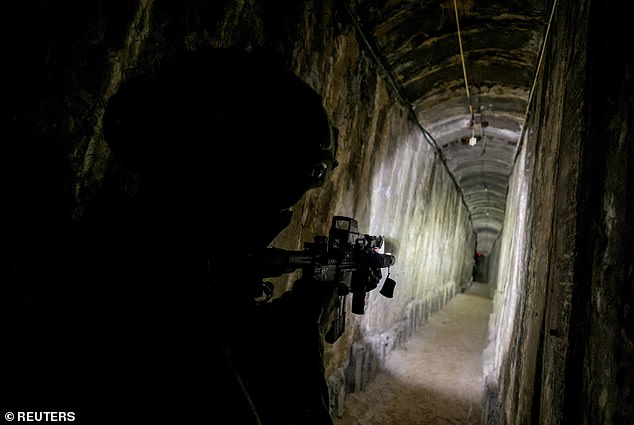 The tunnel yawns from the earth beneath the Al-Azhar University in Gaza City. Once, Hamas terrorists would emerge from here to commit atrocities (file image of one of the tunnels)