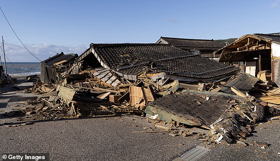 WAJIMA, JAPAN - JANUARY 02: Houses damaged by earthquake are seen on January 02, 2024 in Wajima, Japan. A series of major earthquakes have reportedly killed at least 48 people, injured dozens more and destroyed a large amount of homes. The earthquakes, the biggest measuring 7.1 magnitude, hit the areas around Toyama and Niigata in central Japan on Monday. (Photo by Buddhika Weerasinghe/Getty Images)