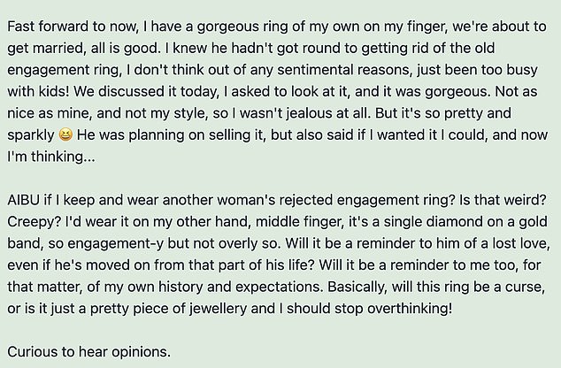 Ihr Mumsnet-Beitrag (im Bild) beschrieb die Situation detailliert und erklärte, dass der Ring für keine der beiden Parteien einen sentimentalen Wert habe