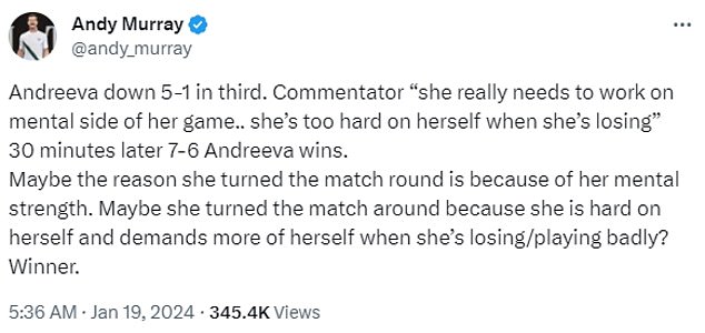Andy Murray sprang der Teenagerin in den sozialen Medien zur Seite, nachdem sie von einem Kommentator kritisiert wurde, der die „mentale Seite ihres Spiels“ in Frage stellte, als sie im letzten Satz mit 1:5 unterlegen war
