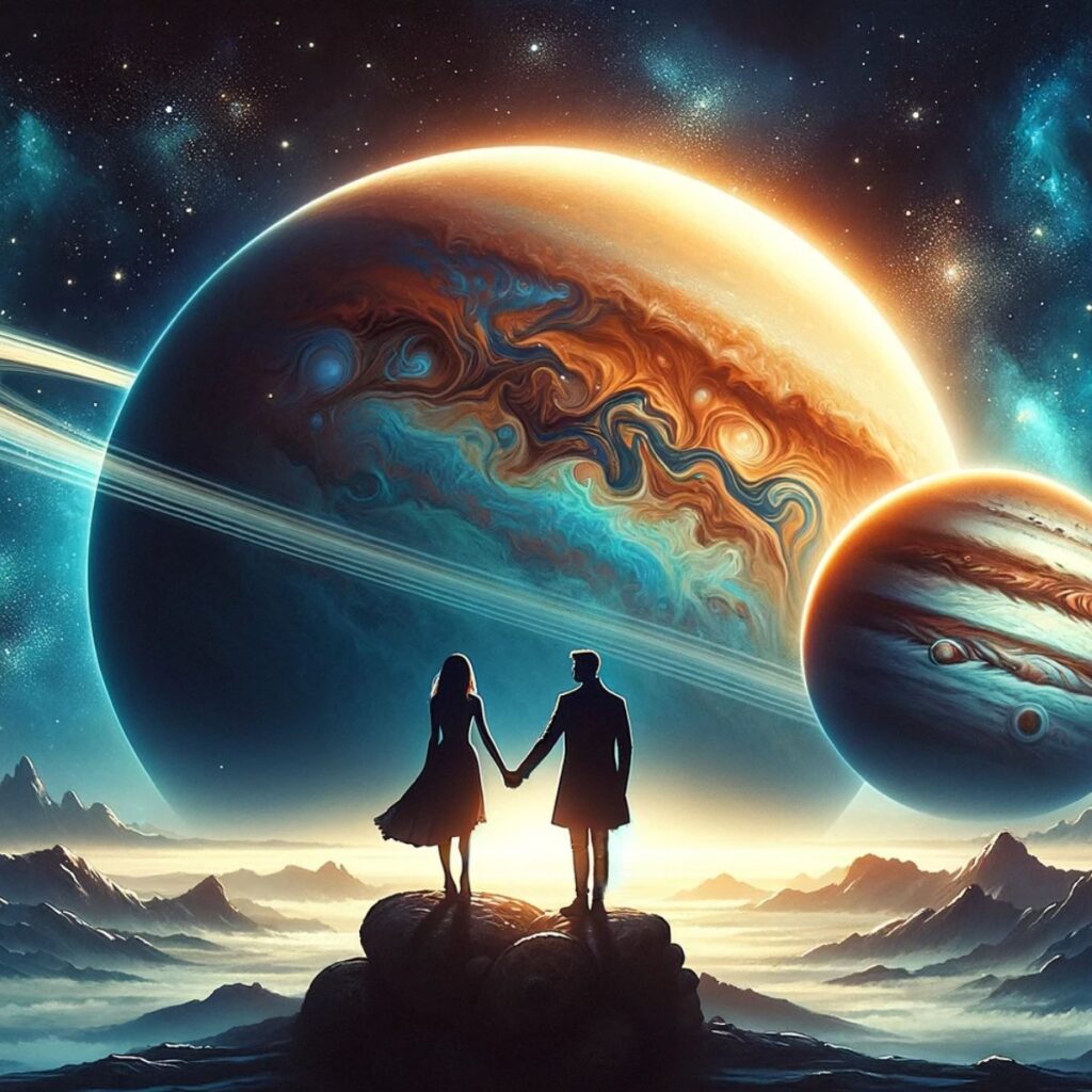 Bild eines Paares, das die Synastrie von Neptun, Trigon und Jupiter symbolisiert