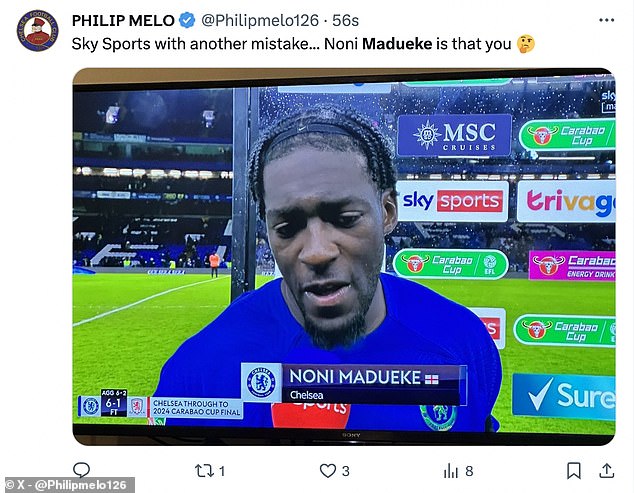 Sky Sports stellte Axel Disasi am Mittwochabend fälschlicherweise als Noni Madueke vor