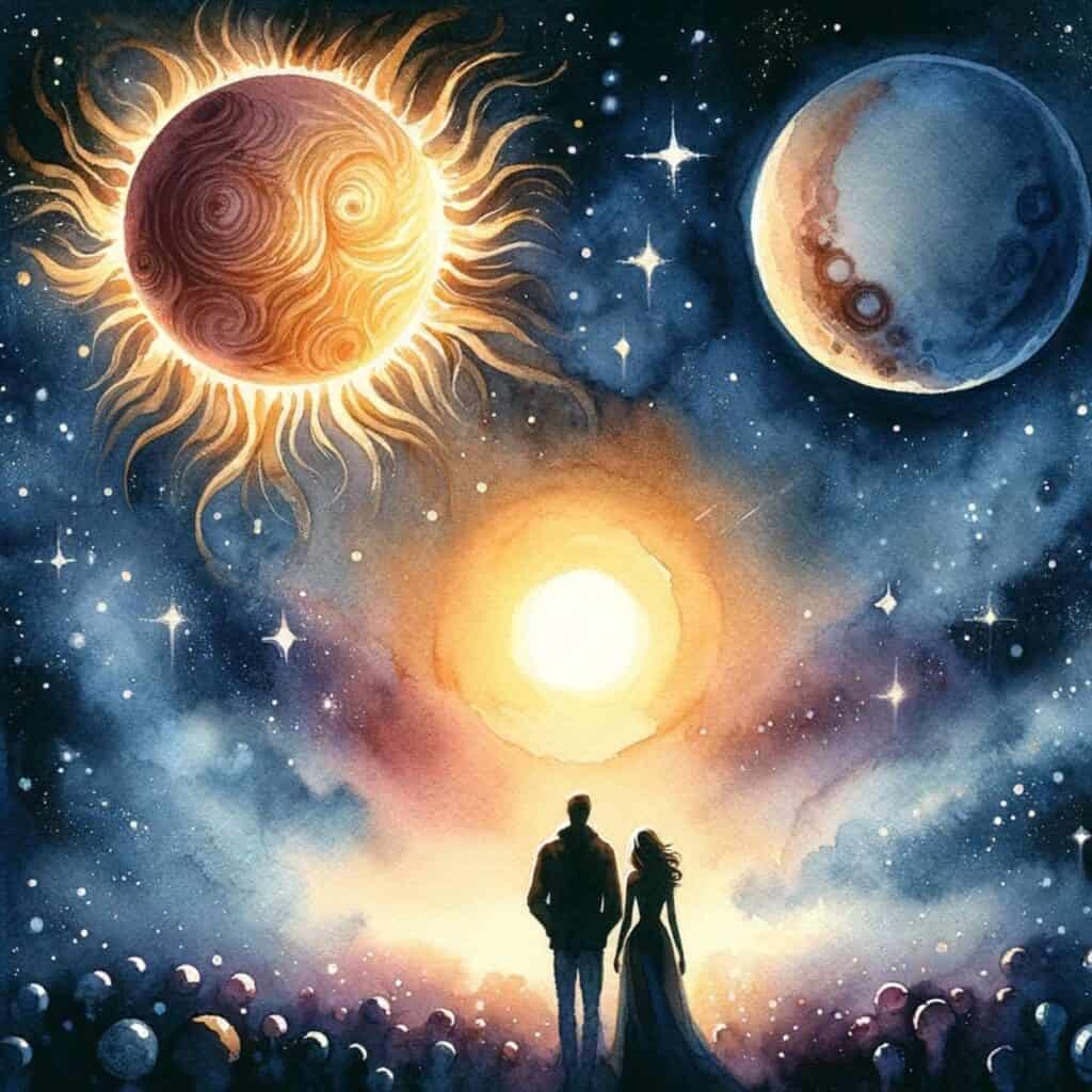 Bild eines Paares, das die Sonne gegenüber der Pluto-Synastrie symbolisiert