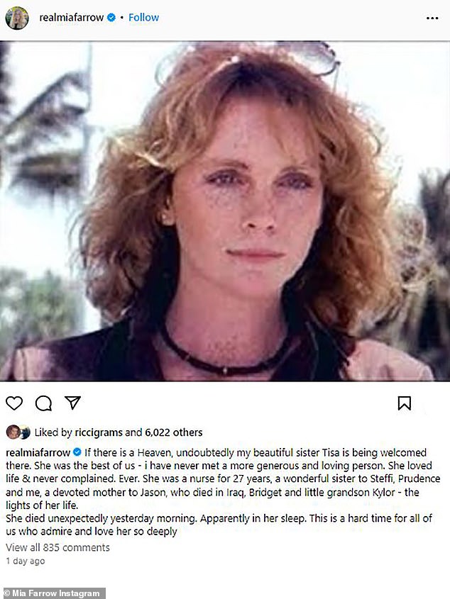 Mia Farrow gibt als bewegende Hommage bekannt, dass ihre Schwester als Schauspielerin Theresa Magdalena „Tisa“ Farrow unerwartet „im Schlaf“ gestorben ist – „Sie war die Beste von uns“