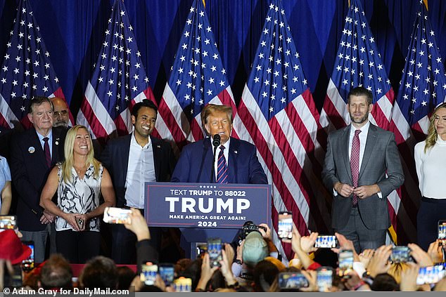 President Donald Trump at his primary night victory party where he railed against Nikki Haley for staying in the presidential race