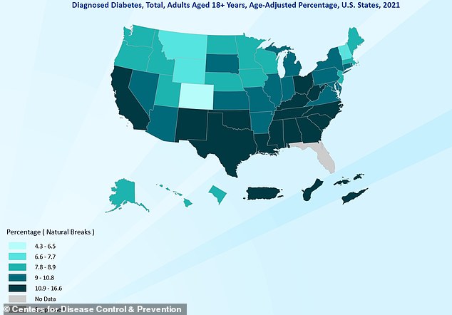 Das Obige zeigt die Prävalenz von Diabetes in jedem US-Bundesstaat im Jahr 2021