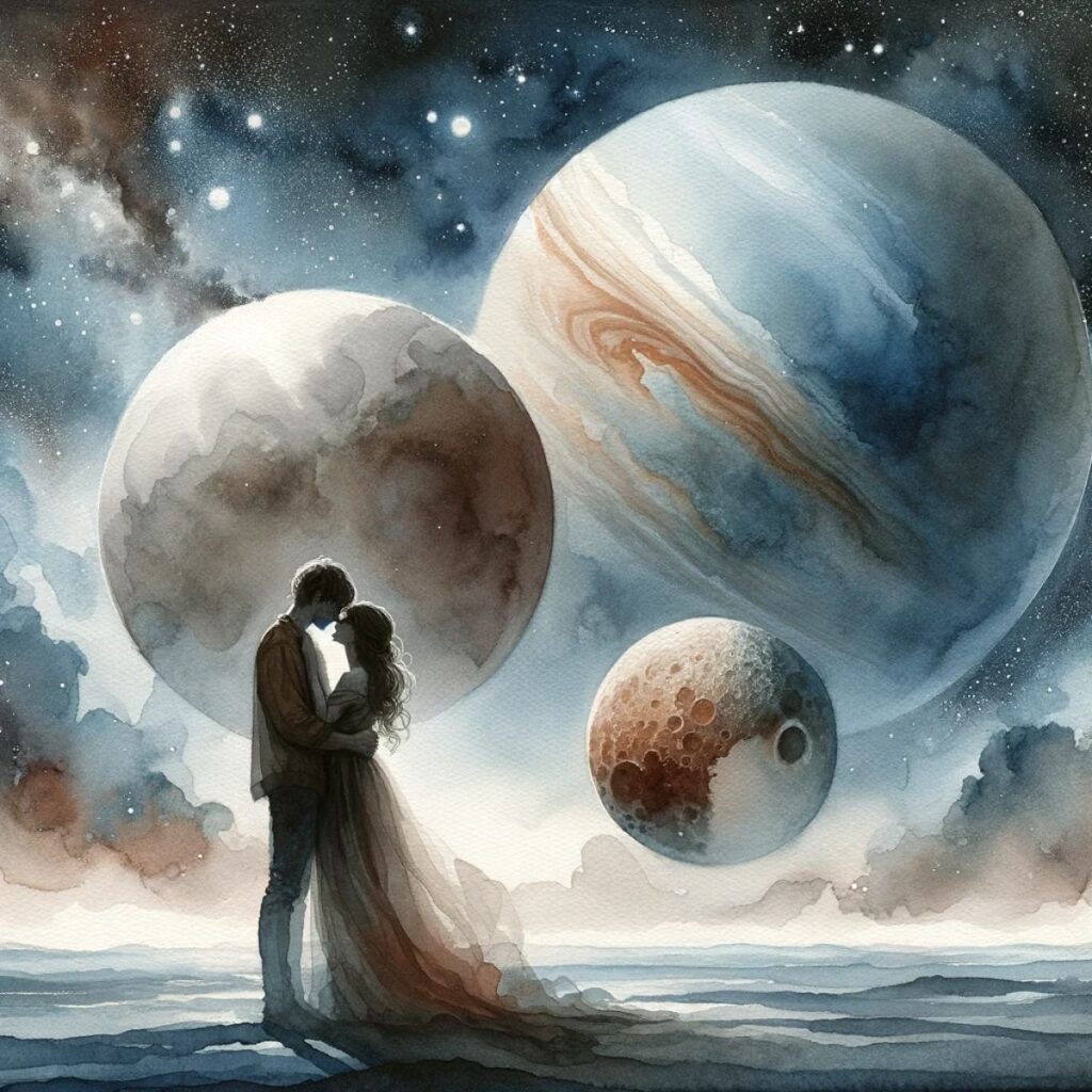 Bild eines Paares, das Uranus gegenüber Pluto-Synastrie symbolisiert