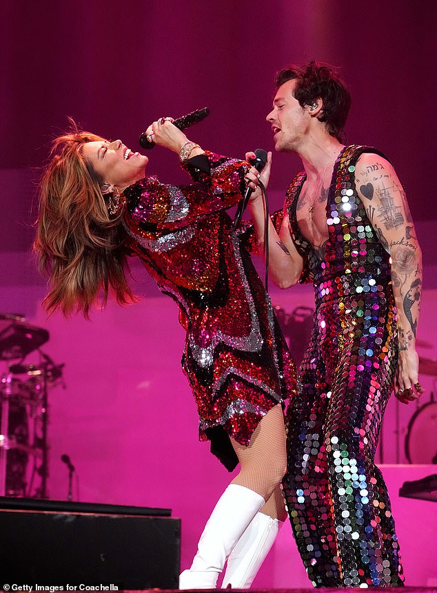 Harry, who headlined Coachella the same year, sweeped the board during awards season, picking up gongs at all of the major music ceremonies (pictured with Shania Twain)