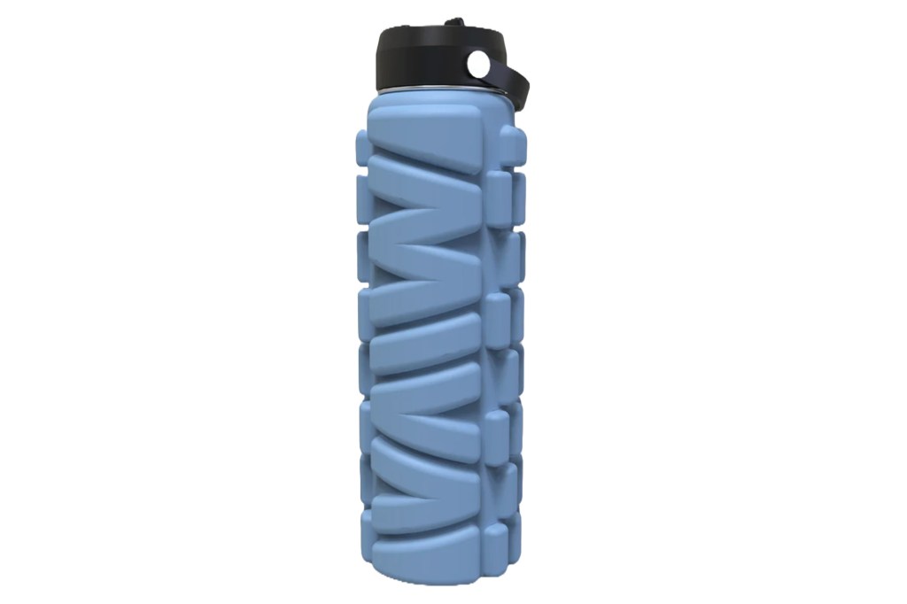 A blue foam roller water bottle