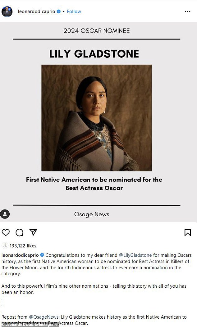 Der Revenant-Star drückte auf Instagram seine Begeisterung über Gladstones Oscar-Nominierung aus