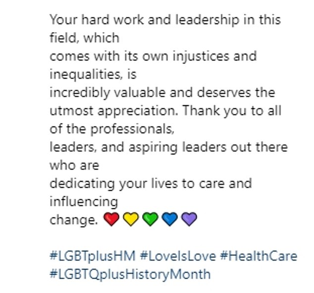 'In honour of the 2024 theme #UnderTheScope, I want to say a big thank you to the incredible work of LQBTQ+ people¿s contribution to healthcare and medicine,' she wrote in her caption (pictured)