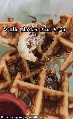 The couple rated the waffle chicken bites an 8.5 out of 10, which is seen above in their TikTok clip