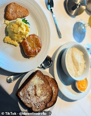 The travel expert also ate in the main dining room for breakfast one day where she tucked into a 'pretty simple' medley of 'eggs, toast, grits, hash browns and Danishes'