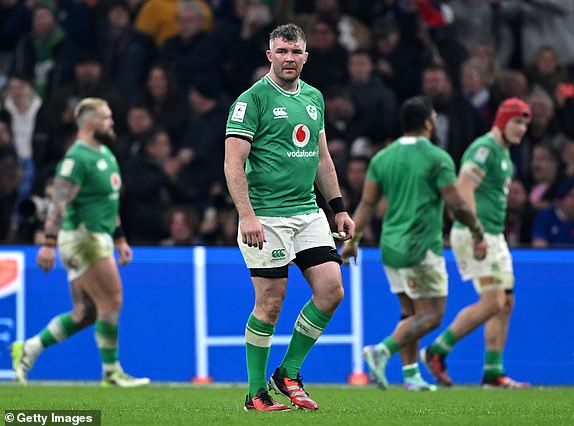 MARSEILLE, FRANCE - FEBRUARY 02: Peter O'Mahony of Ireland leaves the field after being shown a yellow card by Referee Karl Dickson (not pictured), which is referred to the TMO bunker system during the Guinness Six Nations 2024 match between France and Ireland at Orange Velodrome on February 02, 2024 in Marseille, France. (Photo by Shaun Botterill/Getty Images)