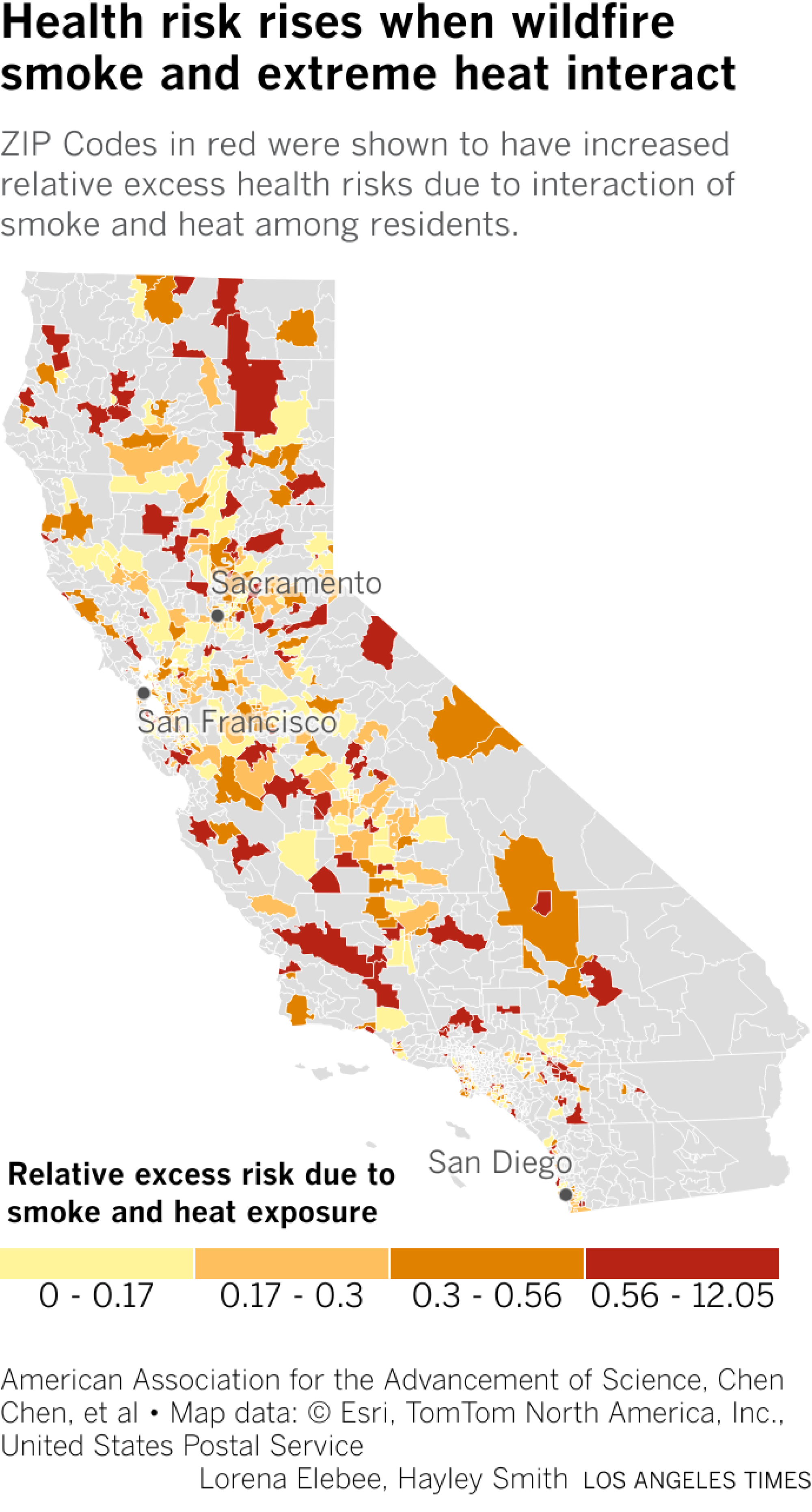 Karte von Kalifornien mit Gebieten mit geringem bis hohem Gesundheitsrisiko nach Postleitzahl aufgrund der Einwirkung von Hitze und Waldbrandrauch.
