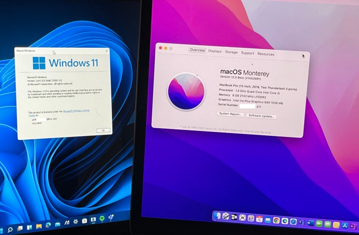 The MacOS Monterey and Windows 11 about pages side by side
