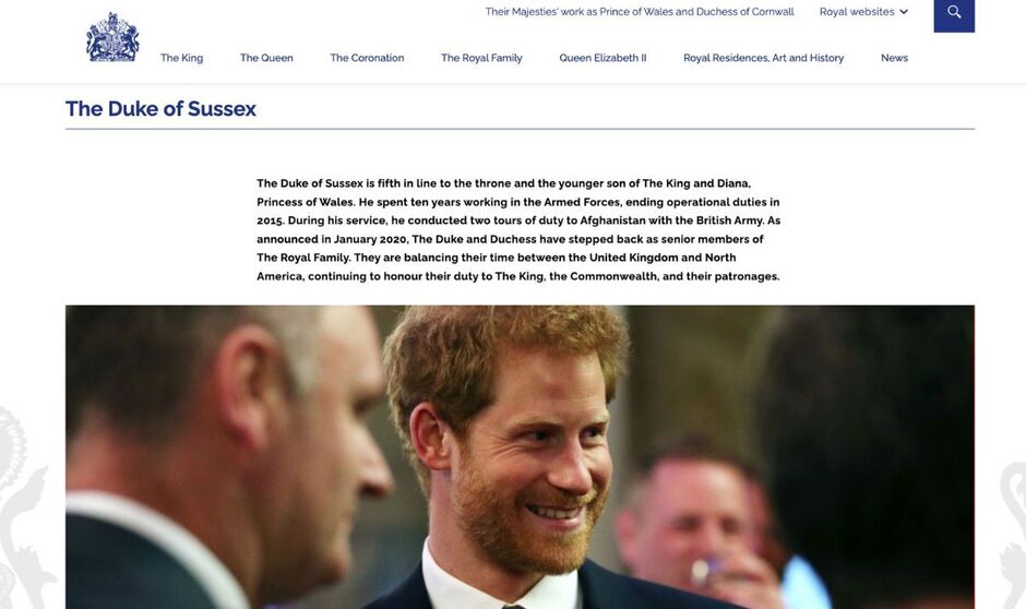 Profilseite von Prinz Harry auf der Website der königlichen Familie