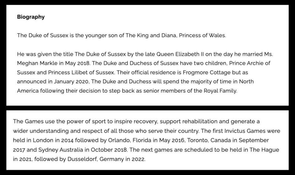 Profilseite von Prinz Harry auf der Website der königlichen Familie