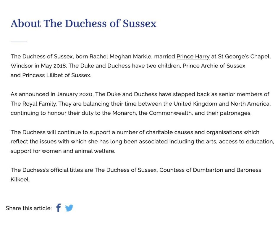 Meghan Markles Profilseite auf der offiziellen Website der königlichen Familie