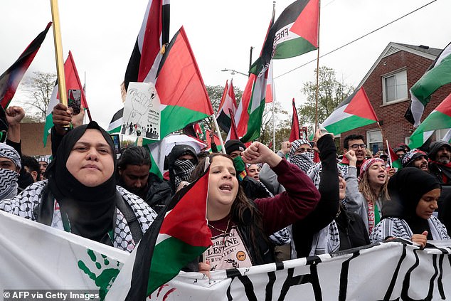 Menschen demonstrieren am 14. Oktober 2023 in Dearborn, Michigan, zur Unterstützung der Palästinenser