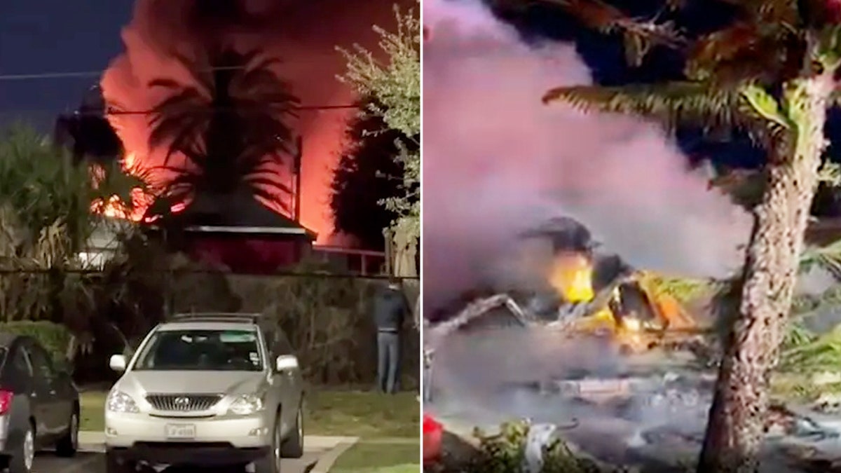 Links: Brände bei einem Kleinflugzeugabsturz in der Nähe eines Wohnmobilparks in Clearwater, Florida.  Rechts, Wrack des abgestürzten Flugzeugs,
