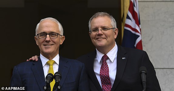 Australian Prime Minister Malcolm Turnbull and Australian Federal Treasurer Scott Morrison speak to the media during a press conference at Parliament House in Canberra, Wednesday, August 22, 2018.  (AAP Image/Lukas Coch) NO ARCHIVING - 13045805