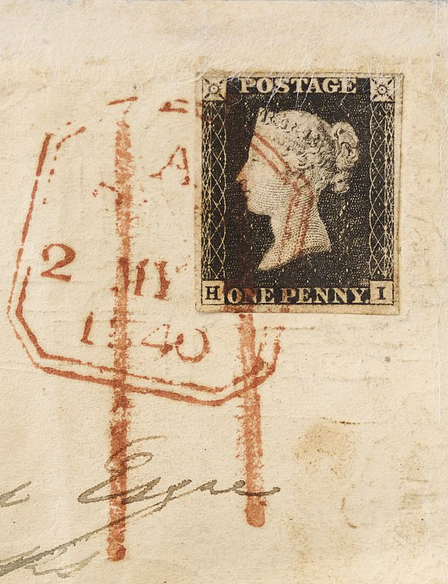 Rückseite: Die Briefmarke von Penny Black zeigt ein Profil der jungen Königin Victoria