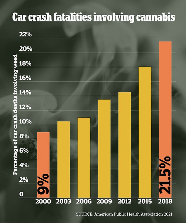 Laut einer Studie im American Journal of Public Health aus dem Jahr 2021 stieg der Anteil der Todesopfer bei Autounfällen, bei denen Marihuana im Spiel war, von neun Prozent im Jahr 2000 auf 22 Prozent im Jahr 2018